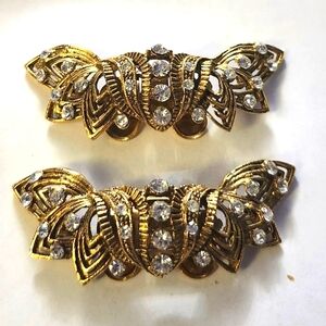 Vtg Signed Musi Large Gold Tone Filigree Rhinestone Shoe Clips